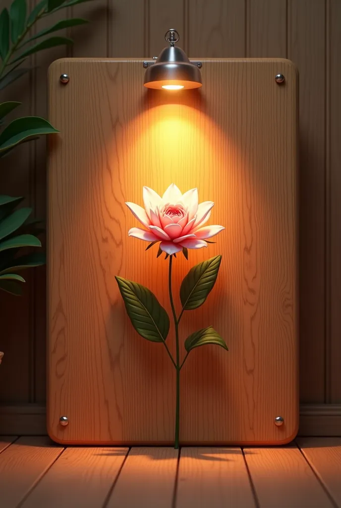 Generate a Wooden Square with a Flower in the middle and warm lights around the painting

