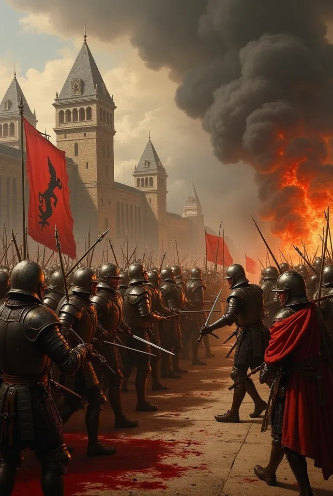 classical painting, Old medieval Renaissance of a war fought in a port city, city on fire, blood