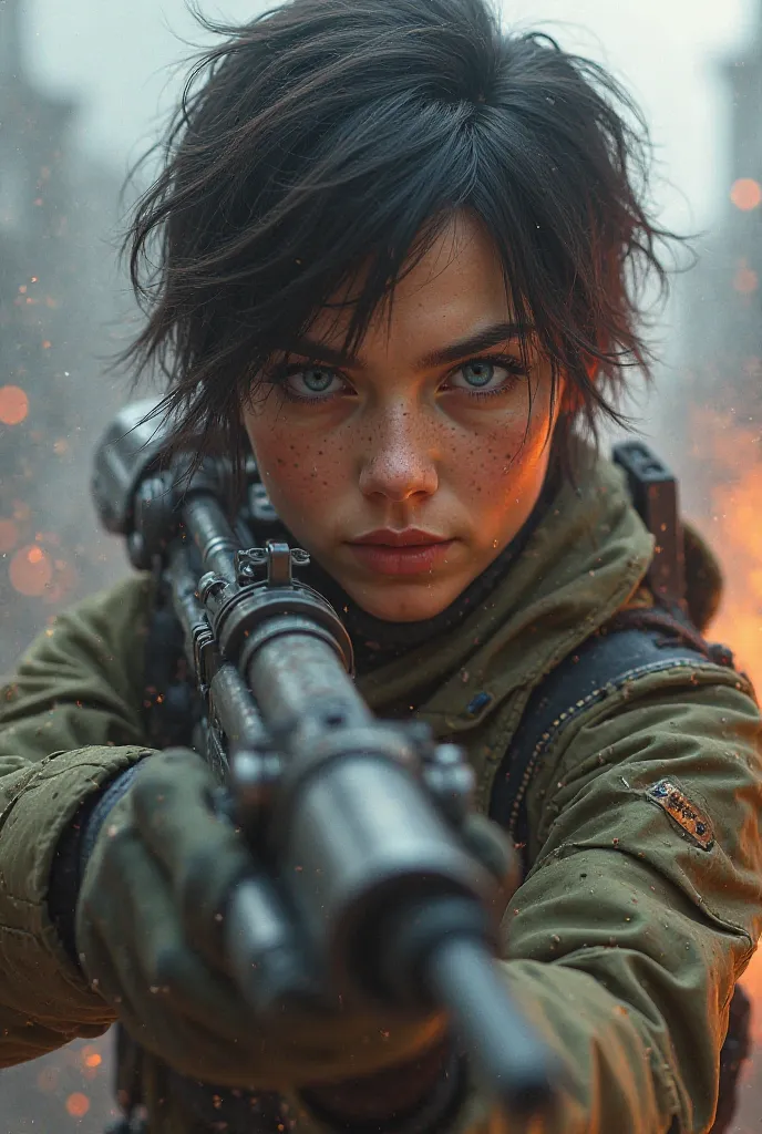 25-year-old military woman, in combat, short defrayed hair in a messy, style holding a gun, blue eyes, Overwatch Style