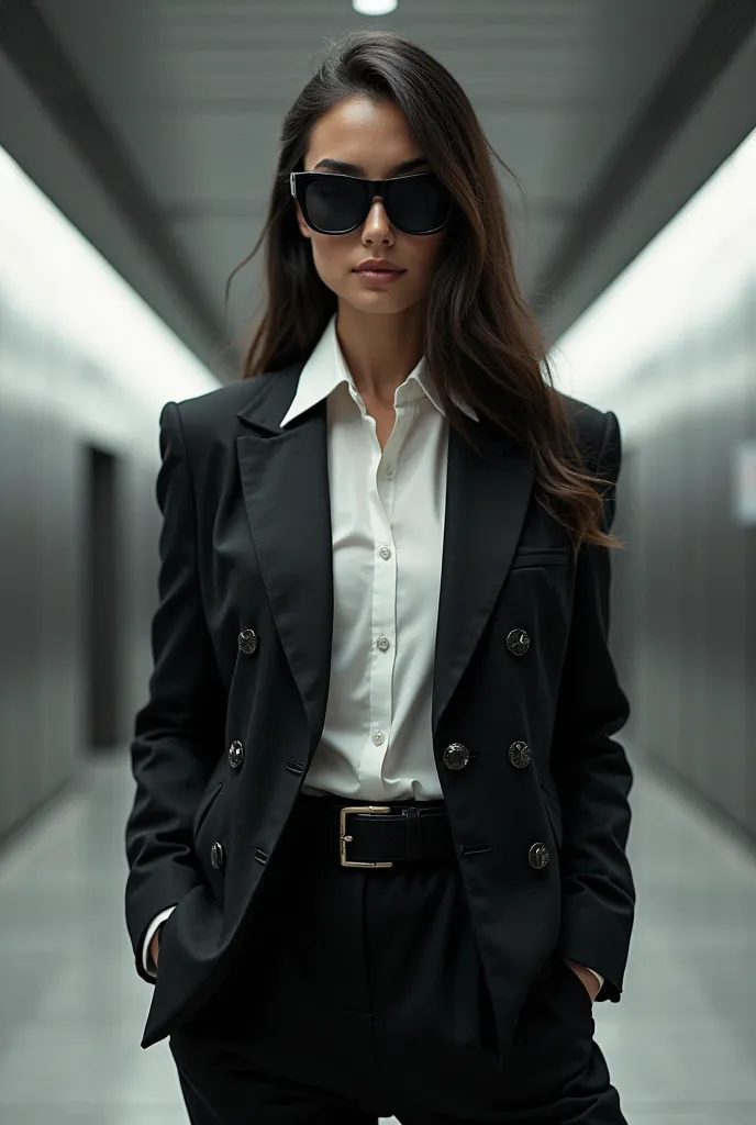 Photo of a woman wearing clothes from the movie Men in Black
