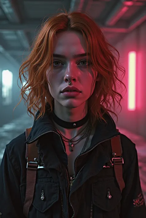 Long-haired  with bangs, Ginger and a little curly, with dark brown eyes and with only one nose piercing. He has pastel pink and black clothes. Drawn in the Resident Evil style