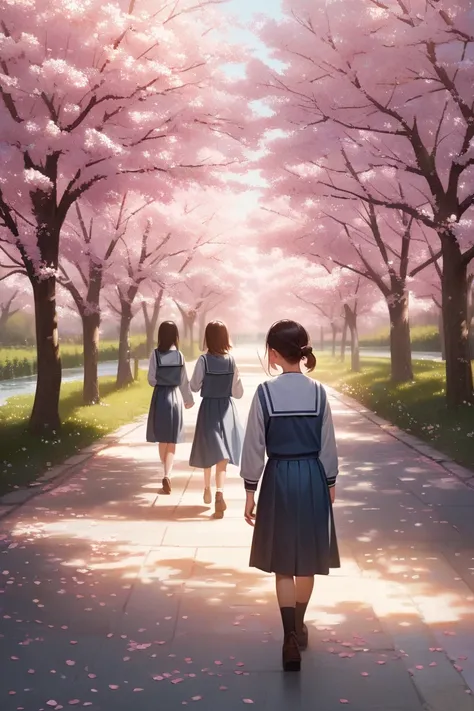 People in school uniforms walking along a path lined with cherry blossoms