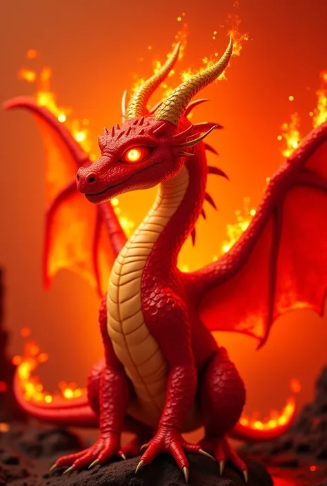 A dragon • Appearance: Fire-red scales with gleaming golden horns. Bright eyes like embers and huge wings, always emanating heat.
• Can: It releases flamboyant explosions that burn everything around. Its presence makes the air vibrate as if it were about t...