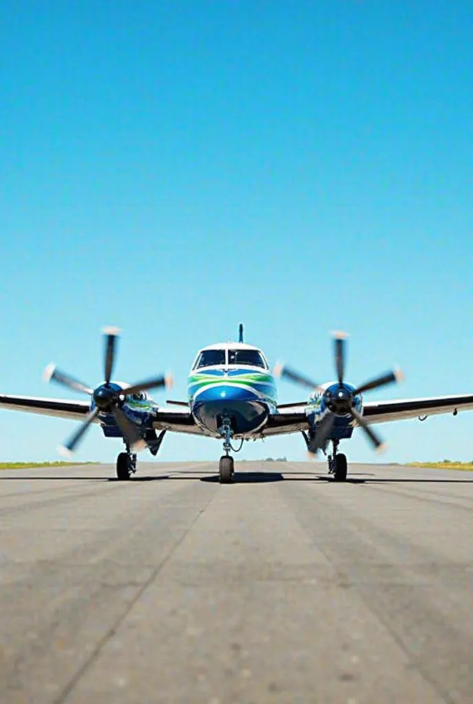 Make me a design of this CESSNA 310Q aircraft with blue green and white stripes with its propeller motors, one on each side, the plane that comes out on the right side