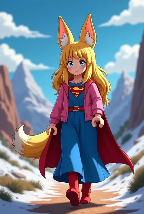 Supergirl anime style, with big desert fox ears and a big tail, shaggy , with long yellow hair and blue eyes,  wearing a pink sweater and a long blue dress,  is walking in a beautiful outdoor landscape with snowy mountains in the background.an and Batman i...