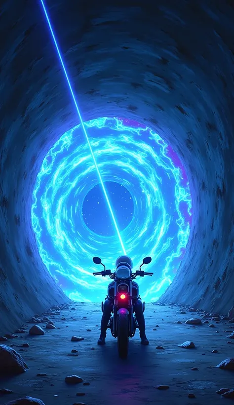 A cartoon-style scene showing a bright blue laser beam shooting out from a pistol, hitting the mysterious motorcycle at the tunnel entrance. Instead of destroying the motorcycle, the laser creates a massive, glowing ultradimensional portal. The portal swir...