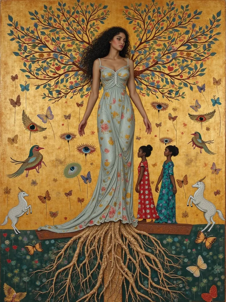 A vertical Klimt fantasy: The angel’s body merges with a gilded tree (#FFD700 branches, #556B2F leaves), its roots forming a bridge where two ren walk. The ren’s dresses are collages of eyes (vigilance) and hearts (love) in pastel hues. Background: A tapes...