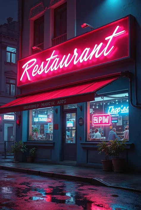 neon sign for a restaurant in a city at night, cyberpunk art inspired by Andreas Rocha, tumblr, retrofuturism, neon shops, cyberpunk vibe, synthwave neon retrofuturism, soviet style cyberpunk, synthwave aesthetic, synthwave city, cyberpunk neon lights, neo...