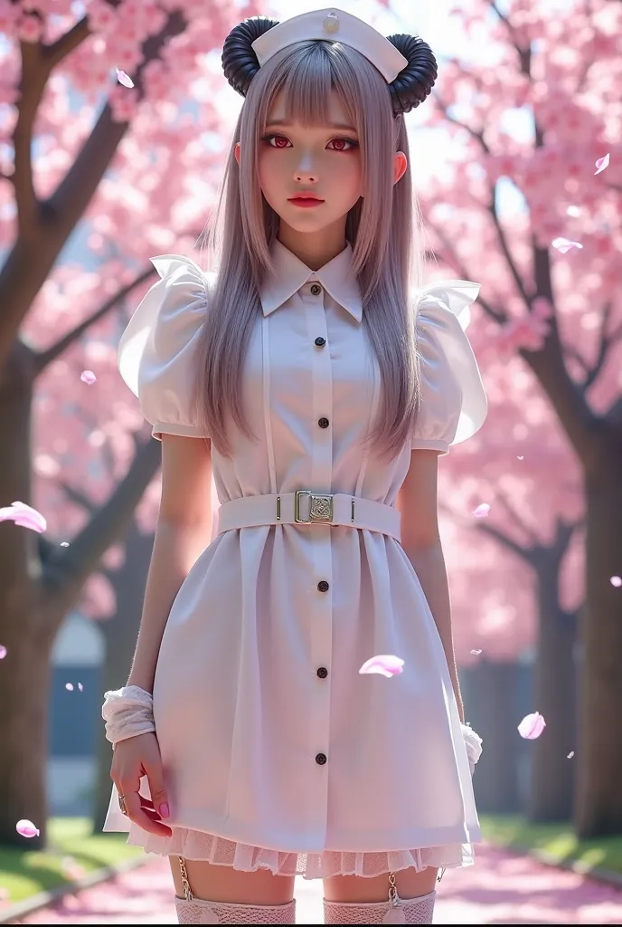 Cherry blossoms in full bloom、Cherry blossom petals falling、 Sakurabuki、 Sunny、Horns on head、Nurse、black nurse costume、Gothicpunk、score_9, score_8_up , score_7_up , So,  red eyes, (best quality), (high quality), {masterpiece}, extremely delicate and beauti...