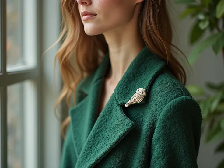   Nice stylish one adorable brooch design crochet with wool luxury small cute new sparrow design on wool simple one adorable brooch and separate different design green color full view pic full room view zoom out on youngster lady on coat left side under ne...