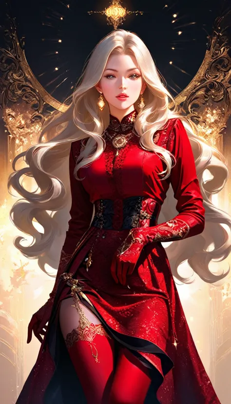 A beautiful woman with long, wavy platinum blonde hair, wearing a tight red corset with front lacing, long velvet red gloves, and matching stockings. Her expression is seductive, with slightly parted lips and an intense gaze. She wears a necklace with a cr...