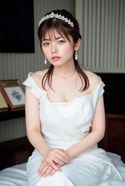 beautiful Japanese girl picture, full body, slender, nsfw, large Breasts, downblouse, Mermaid-Line wedding dress, white wedding dress, Elegant Dress with White Clear Light, wedding veil, tiara, earrings, choker, Exquisite and Beautiful Blue Eyes, Albino Ha...