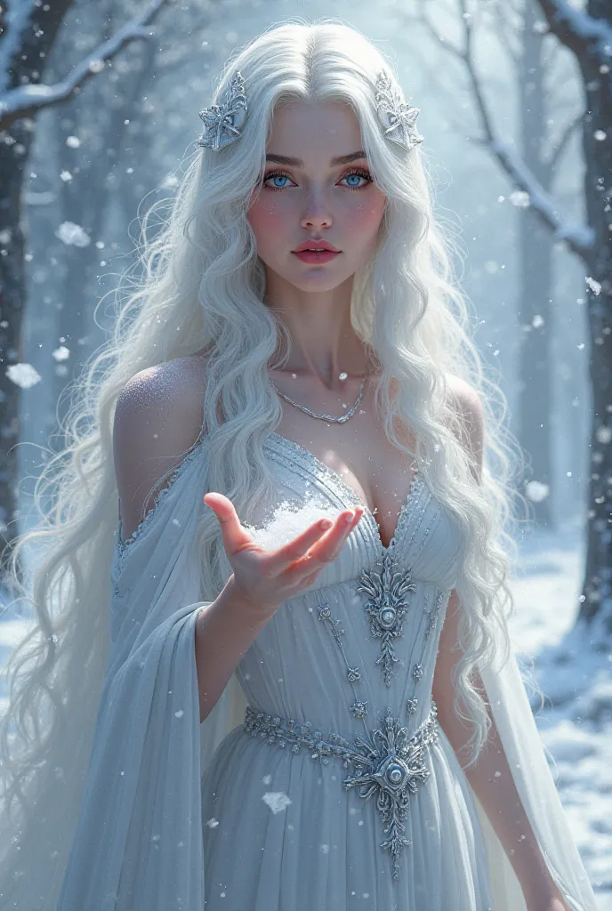 Realistic digital illustration of the Snow Queen, With a halcutory gesture, blue eyes and white hair,  dressed in a dress in white and gray tones, creating snow in one hand