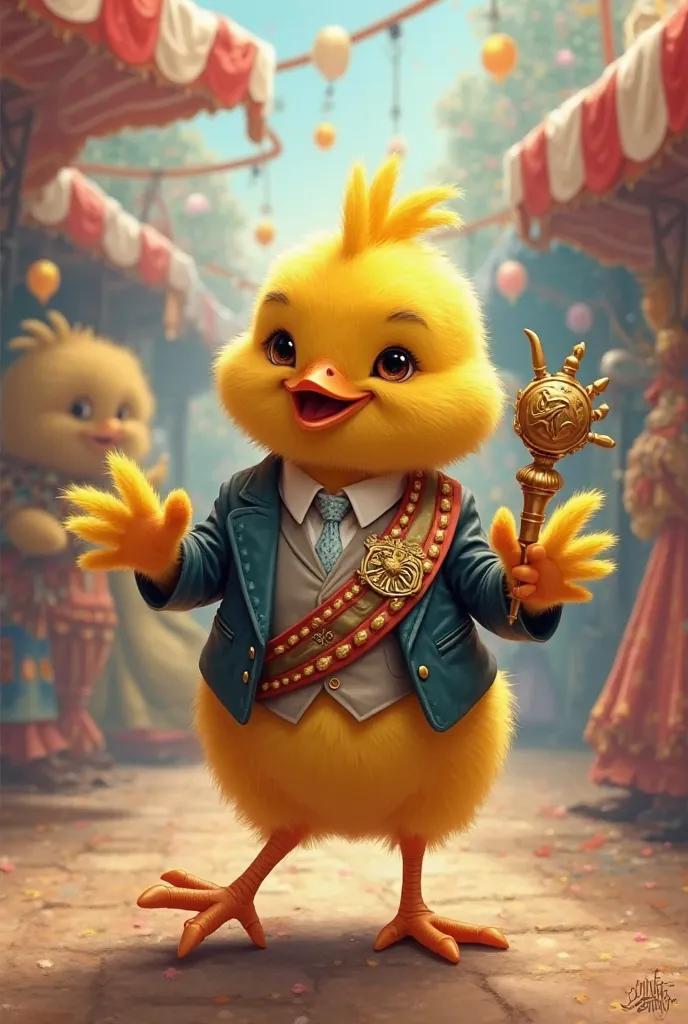 Carnivalesque little yellow chick dancing and dressed as a municipal mayor