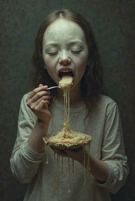 girl with no face having a toothache while eating and holding a spoon of foop