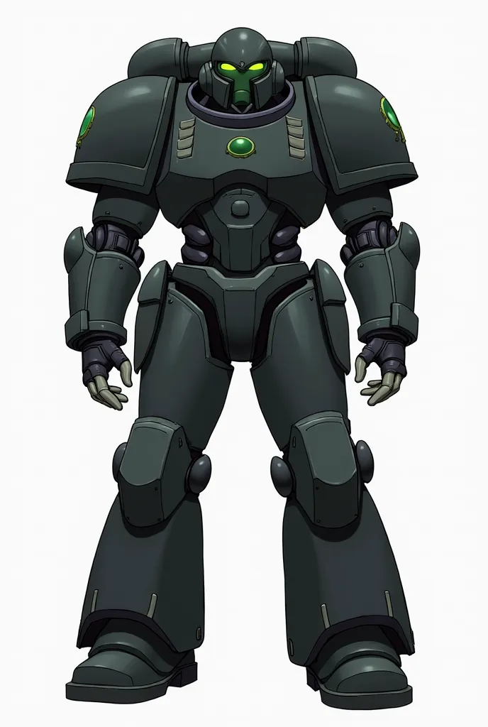 full image, white background,  from the front, full body, Black armor of the Adeptus Astartes, space marines armor,  heel, light gray hands and feet, Eye of the Green Helmet,  sturdy body , anime art.