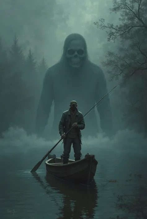 A frightened fisherman holding his fishing rod, looking into the water , where a monstrous shadow begins to appear under his boat.