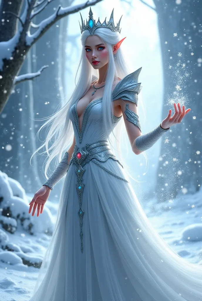 Realistic digital illustration of the Snow Queen, With a halcutory gesture, blue eyes and white hair,  dressed in a dress in white and gray tones, creating snow in one hand