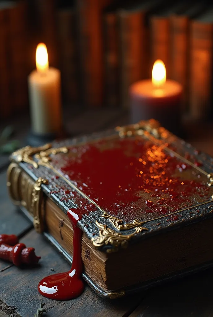 Old leather-bound book slamming shut, blood oozing from its spine, dark gothic library background, candlelight flicker, macabre atmosphere, hyper-realistic details, cinematic angle, dark red and gold color palette, haunting mood --ar 9:16