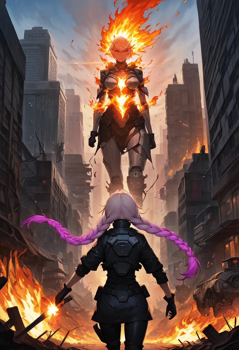 1 Girl，twin_braids,gradient hair,, war，fire，explode，City，end，sci-fi，joint，joint， Movie Poster 