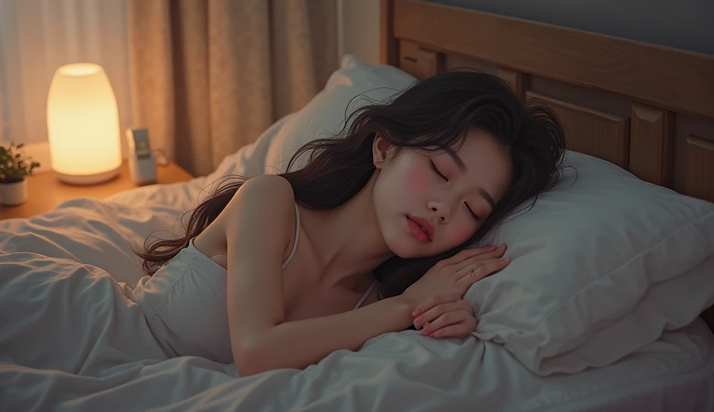 A beautiful girl with long hair is sleeping on a bed, the room is dim, and there is a bedside table next to her, on which there is a humidifier.