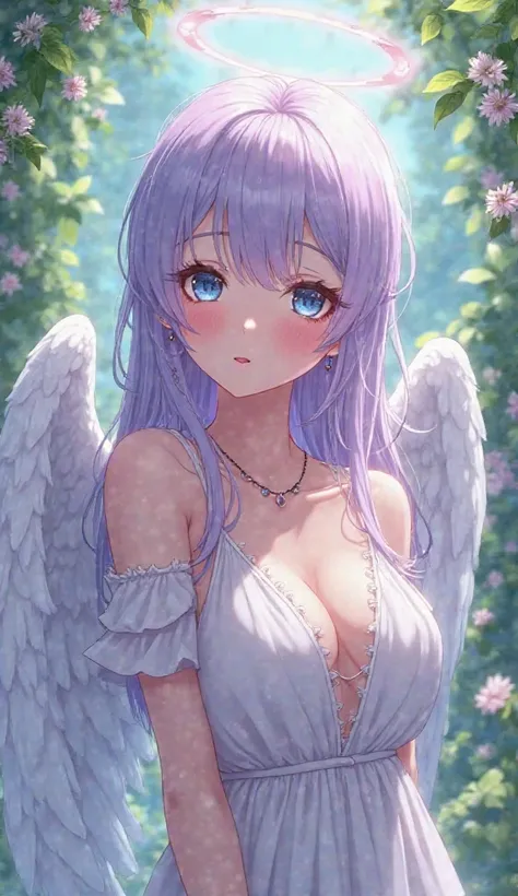 cute female angel，2D Anime Character Edition， Light Purple Long Hair，bright blue eyes，Adult Full Body Figure，The mouth is very small，Super fair skin，The expression is super shy， Background Garden 