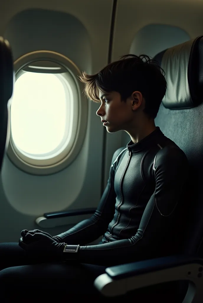 An ultra-realistic cinematic scene in 8K, capturing the protagonist's perspective inside the cabin of a commercial airplane, moments before the napping is revealed. The young time traveler, A thin boy, with delicate and expressive features, light skin and ...