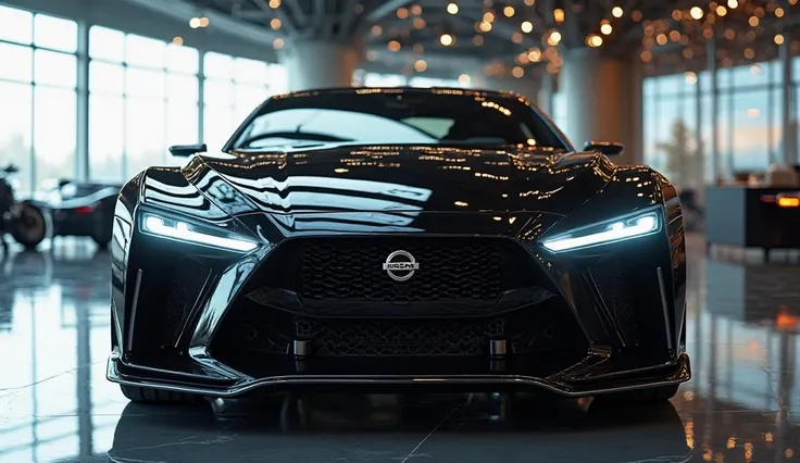 
A futuristic and modern 2025 Nissan GTR  shiny black seen from the Close Front view in a high-tech showroom. The SIV features a seamless LED light bar running across the width of the all Close Front view view , integrated with the  GTR   engraved at the c...