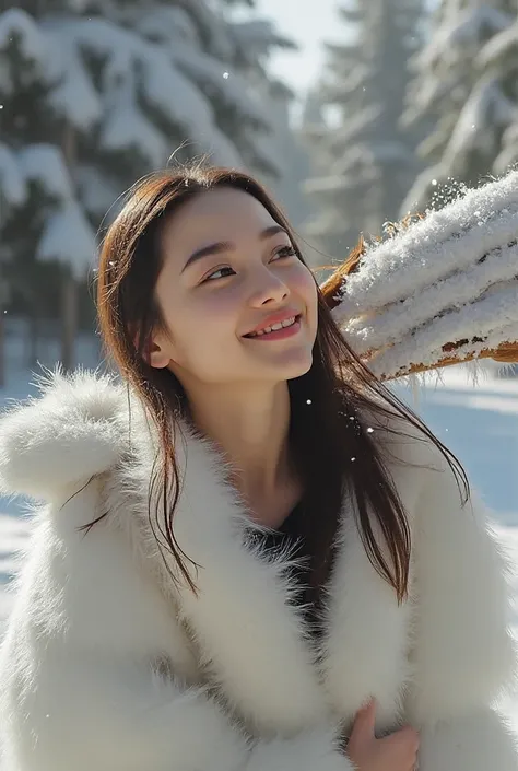 Make her play with snow while she looks in love 