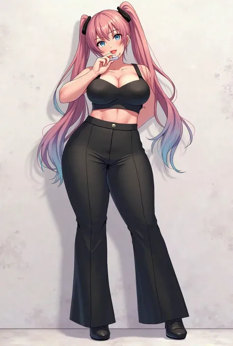 Sexy anime drawing , full body , one straight leg to the right and the other leg flexed to the right , boots heels in black , wide black pants , Crop top , hair with two tails and loose in two colors , looking forward subtle , the right arm reaching the mo...