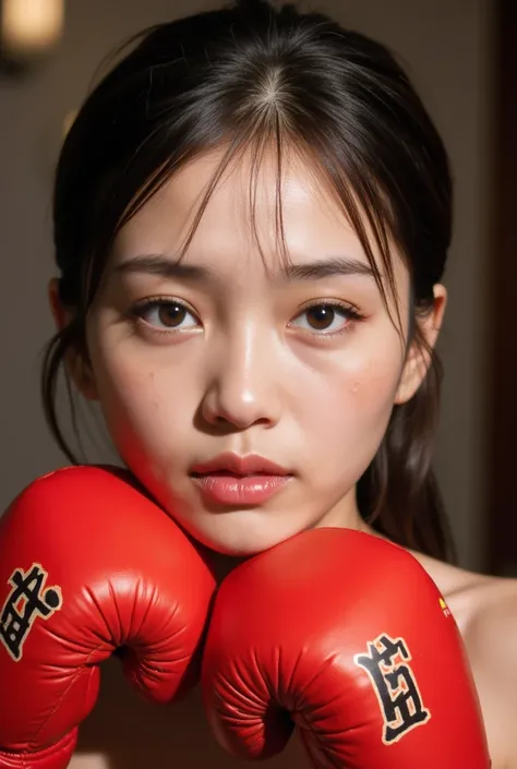 action drama sports boxing scene, extreme close up face of A Thai women 20 yo in sports boxing She wore bright red gloves with kanji characters on them. The gloves covered eye her battle-hardened face, the wounds covered by bandages, and her eyes expressed...