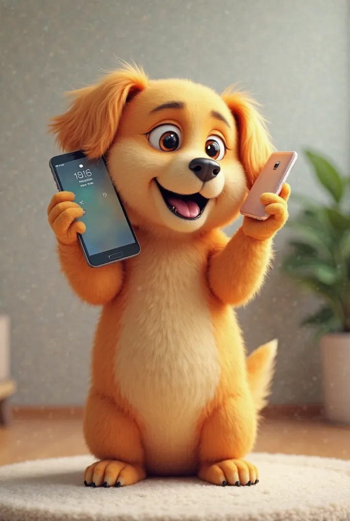 An orange color dog is talking on a mobile phone