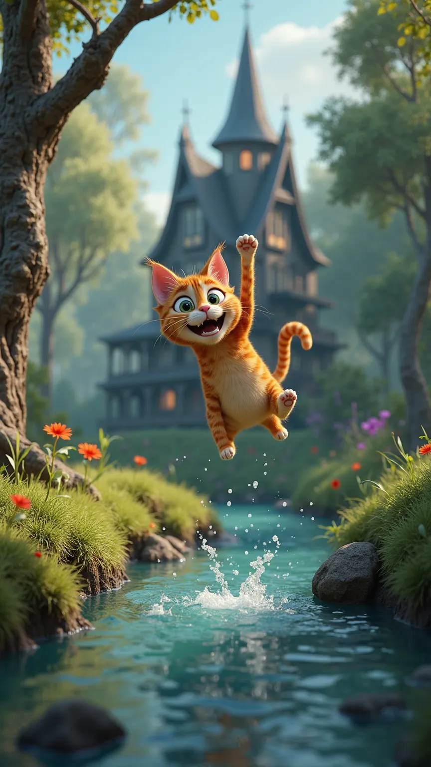 3D Pixar cartoon,Cat falls from haunted house into forest stream