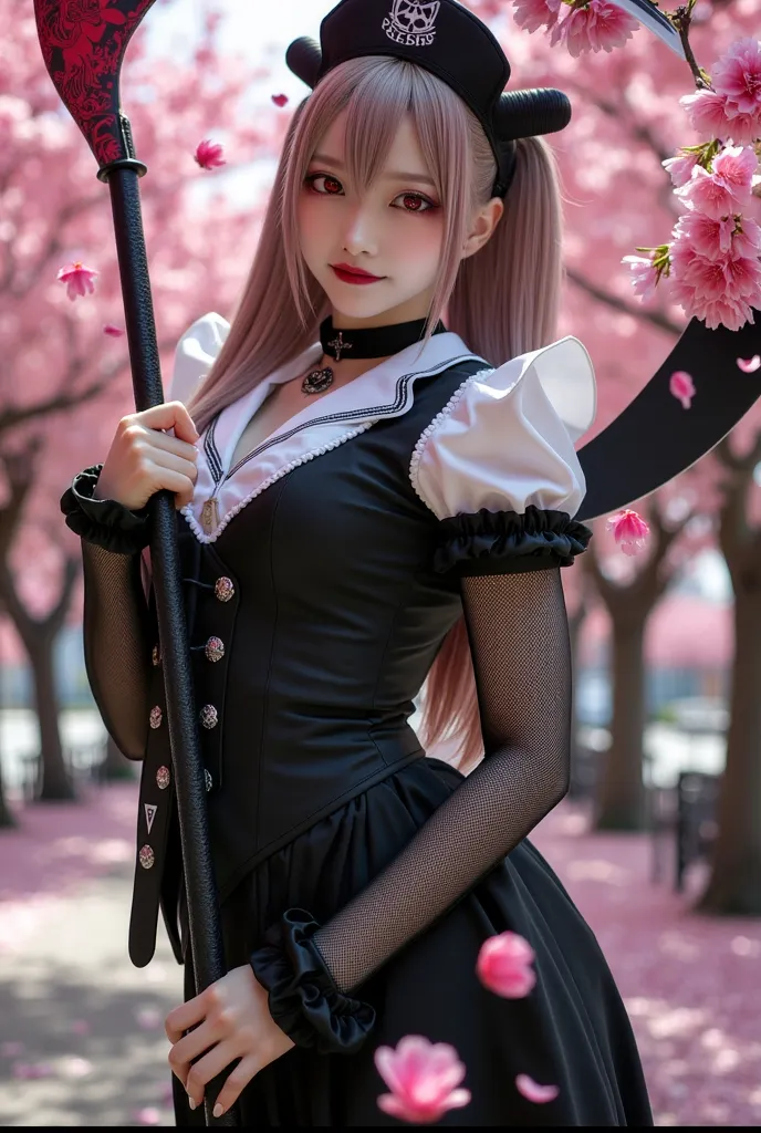 Cherry blossoms in full bloom、Cherry blossom petals falling、 Sakurabuki、 Sunny、Horns on head、nurse in black costume、large grim reaper's scythe in her right hand、black nurse costume、Gothicpunk、score_9, score_8_up , score_7_up , So,  red eyes, (best quality)...