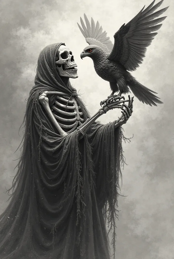 A skeleton holds a falcon in his hand