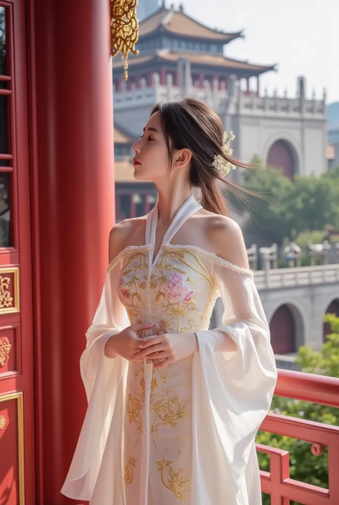 16k clear quality images, High detail, light and complete shadow, Clearly, a shapely Chinese girl, with smooth white, jade-like skin, wearing an exquisite antique hanfu dress, intricately embroidered with gold tinsel and light silk. The long armhole flutte...