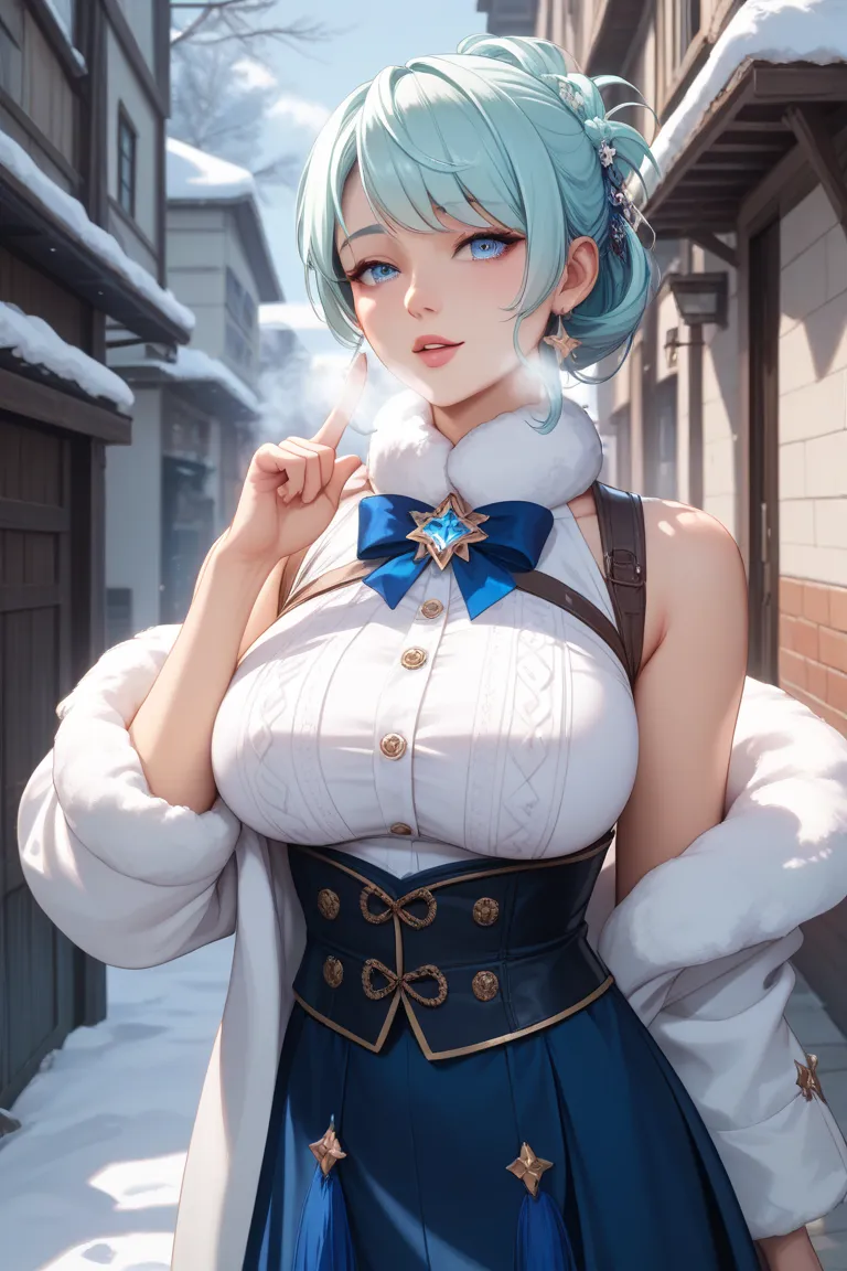 Winter Scenery、Snowy Back Alley , outfits with hair tied up are transparent、Clear, transparent hair 、heavy breathing.  accentuates large breasts  、1 female, (   Focus on Lower Body   , ),     A woman with a gentle expression is putting her index finger on ...