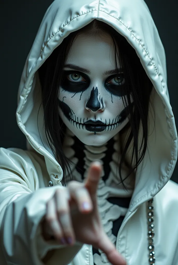 A delightful beautiful girl. Half of a girl's face without skin. Half of a girl's face naked skull. white bones. The girl is wearing a white latex coat with a hood.  very dark gothic style. sinister aura. Mega-Realistic Image. Ultimate detail.  professiona...