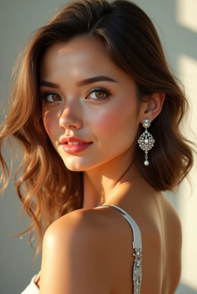 Beautiful realistic girl with medium light brown hair.
 honey-colored eyes .
Thick lips 
Fecosa 
Slapped nose 
Silver jewelry 
Earrings 
Big hands 
That she measures 1.75 meters 
Weighing 75 kg