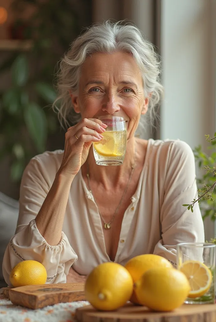 50-year-old woman drinking lemon water 