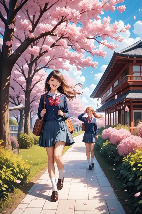 People in school uniforms happily walking along a path lined with cherry blossoms