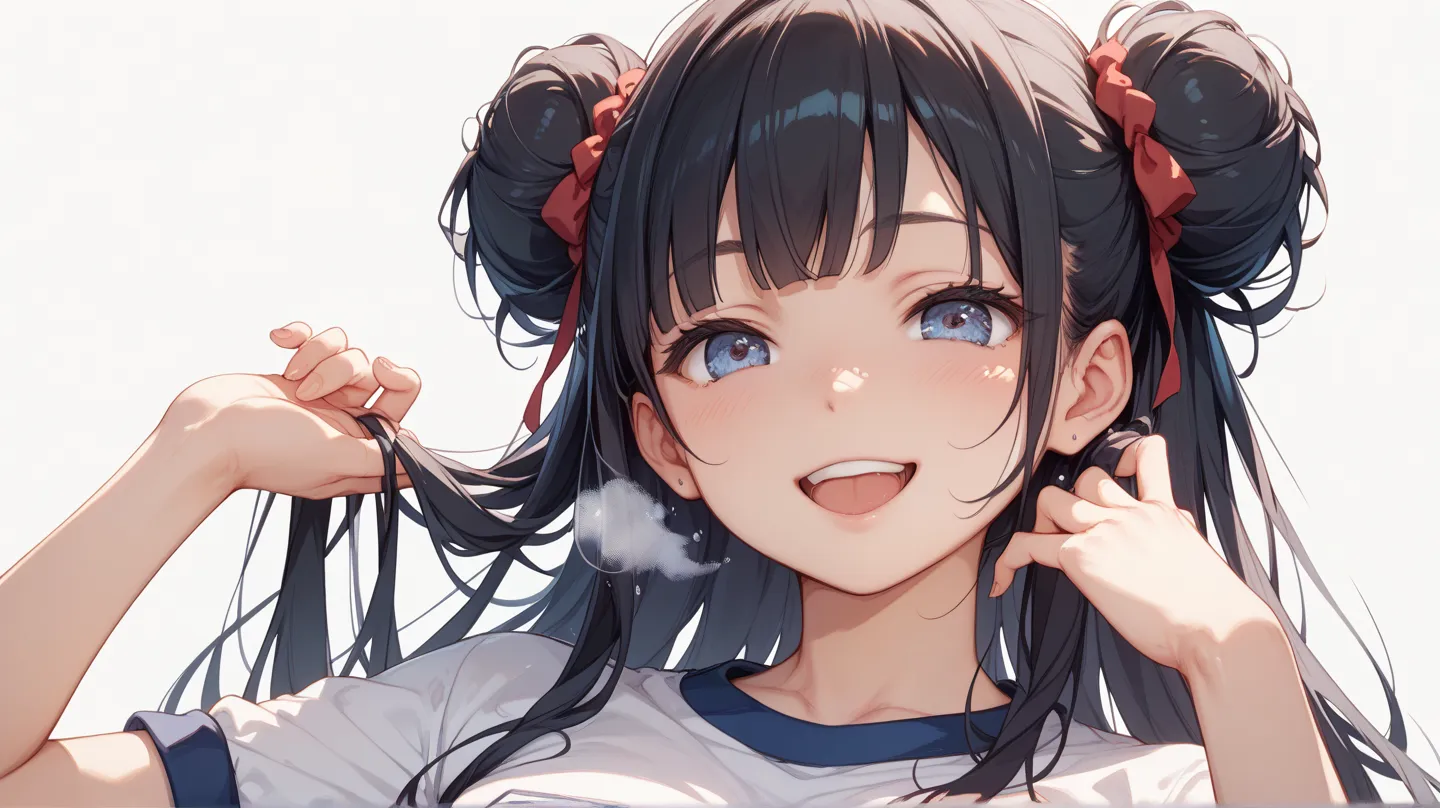 1 girl、cute、younger sister、 black hair long hair、simple background、 has red cheeks、smile、 gym clothes、 hachimaki、Double bun hairstyle、 elementary school student、 marathon、 rough breath