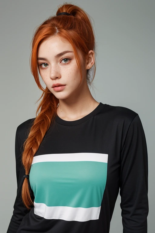  A Caucasian woman, with orange hair, which is informally attached, making a ponytail and leaving two Straps of hair separated at the front, his eyes are an intense water green color, Her nose is small and thin , has freckles that cover the middle area of ...