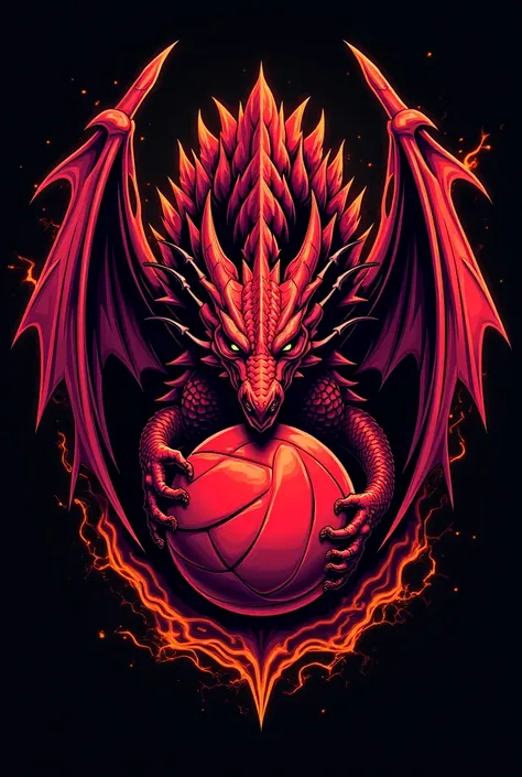 A logo that says Team INDESTRUCTIBLE that has a red and black dragon with a flame and a red volleyball in the center and around it sparks 