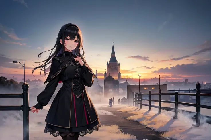 High image quality, high resolution, smooth gradation, vivid colors, a black cloak, a black student uniform, black stockings, black lace-up shoes, black hair, a high school girl, Before dawn, morning mist, old town, girls marching in the mist,