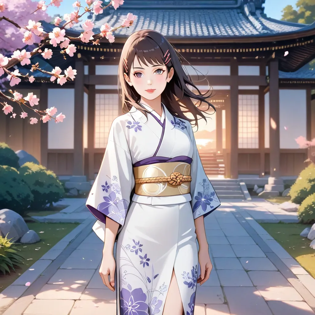 Hinata Hyuga from *Naruto*, wearing a modern yet traditional Japanese kimono-inspired dress. The outfit features a sleek, form-fitting silhouette with intricate floral patterns in shades of lavender and white, accented with a golden obi belt. Her long dark...