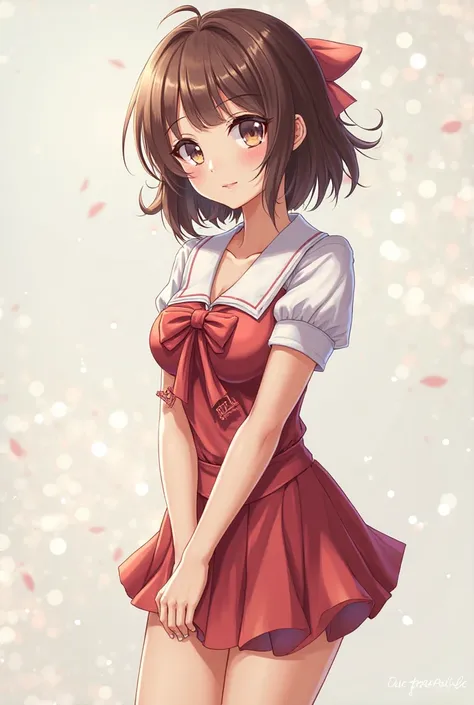 Anime Girls Short Hair Brown Hair Wearing Red Bow Short Skirt Big Boobs 