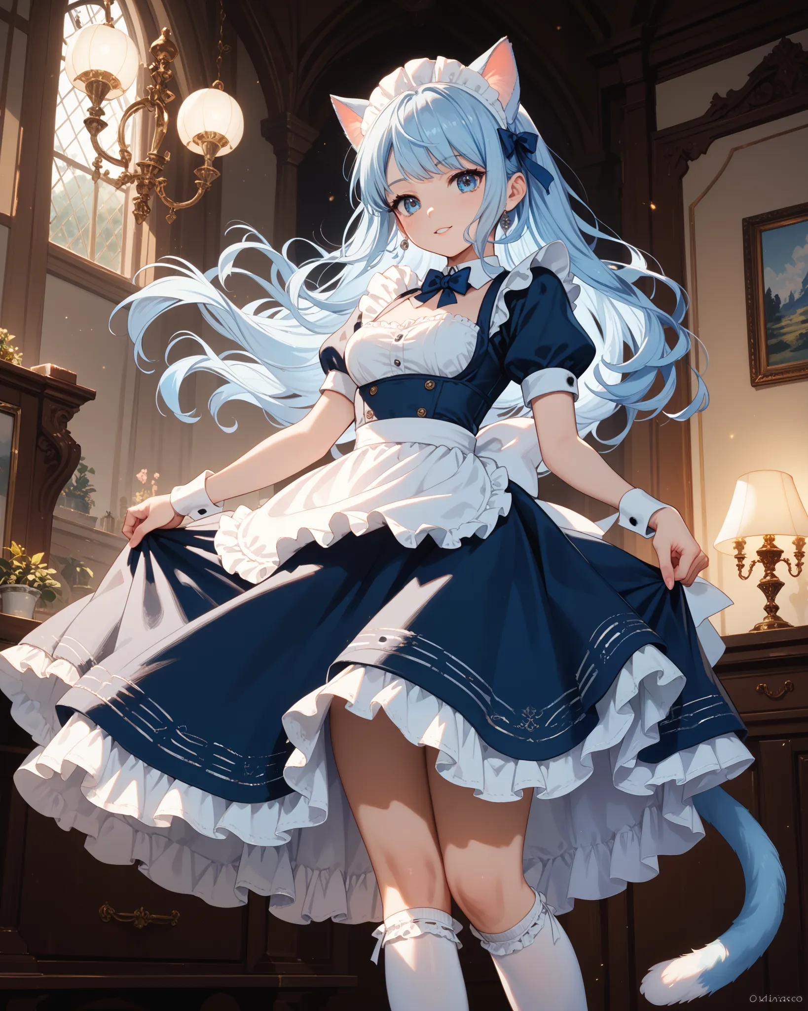  cat ear maid　miniskirt　knee-high　light blue long hair