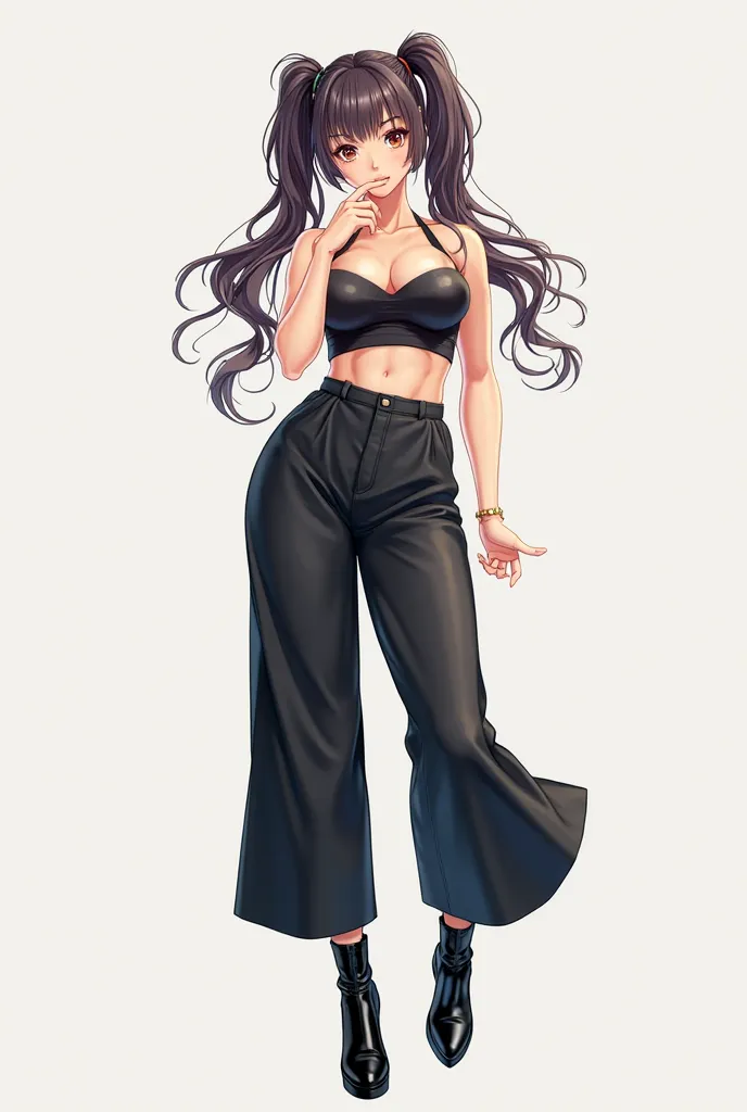 Sexy anime drawing , full body in front , legs in front model, one straight leg to the right and the other leg flexed to the right , boots heels in black , wide black pants , Crop top , hair with two tails and loose in two colors , looking forward subtle ,...