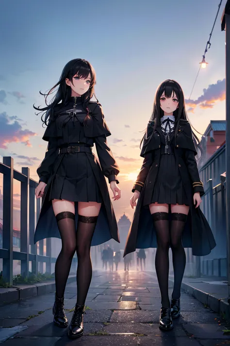 High image quality, high resolution, smooth gradation, vivid colors, a black cloak, a black student uniform, black stockings, black lace-up shoes, black hair, a high school girl, Before dawn, morning mist, old town, girls marching in the mist,